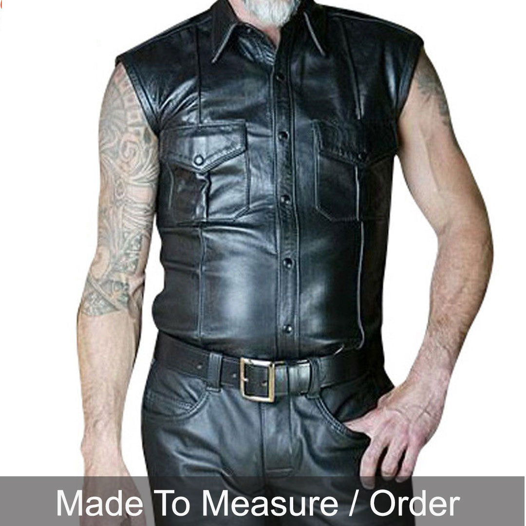 Men’s Sleeveless Leather Police Shirt – Lambskin BLUF Clubwear Top