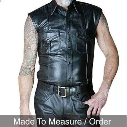 Men’s Sleeveless Leather Police Shirt – Lambskin BLUF Clubwear Top