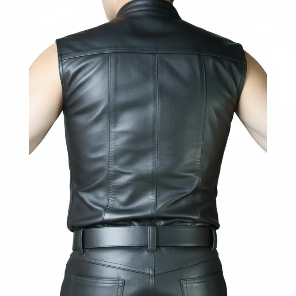 Men’s Sleeveless Leather Police Shirt – Lambskin BLUF Clubwear Top
