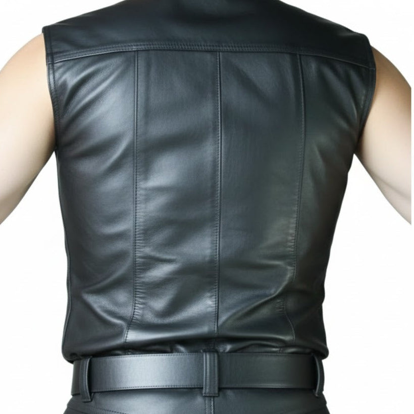 Men’s Sleeveless Leather Police Shirt – Lambskin BLUF Clubwear Top
