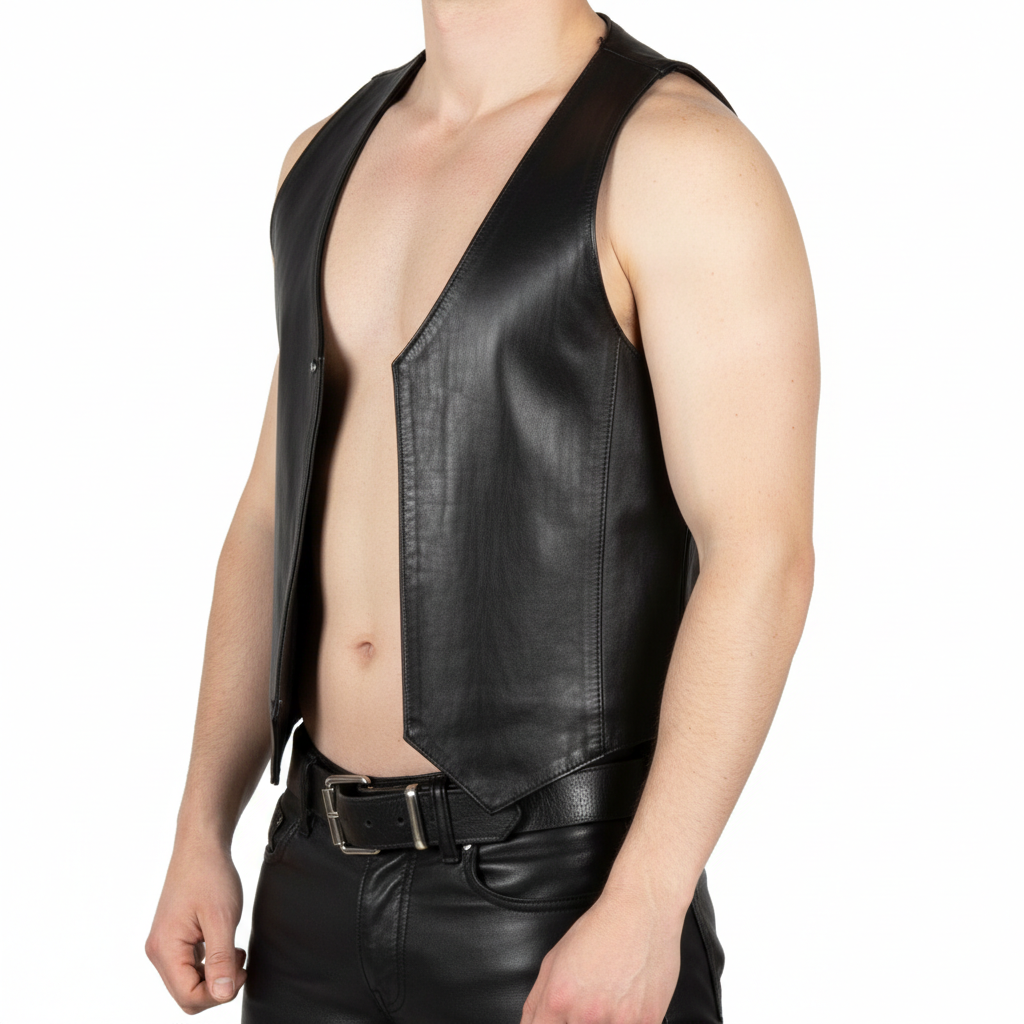 Real Cowhide Leather Open Front Vest | Deep V Cut | Slim Fit | Sleeveless Bold Statement Piece | Fetish Clubwear