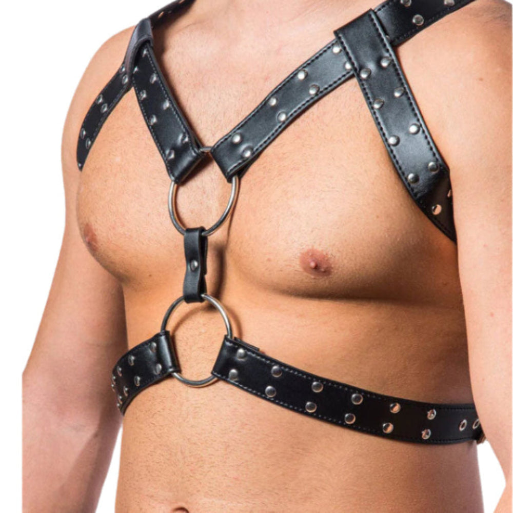 Men’s Soft Leather Triple Strap Chest Harness with Dual O-Rings