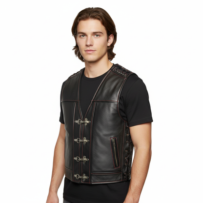 Men’s Leather Biker Vest – Cowhide Motorcycle Style with Contrast Stitching
