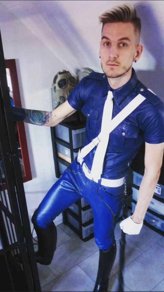 Men’s Blue Cowhide Leather Biker Pants with Front Zipper and Side Zips