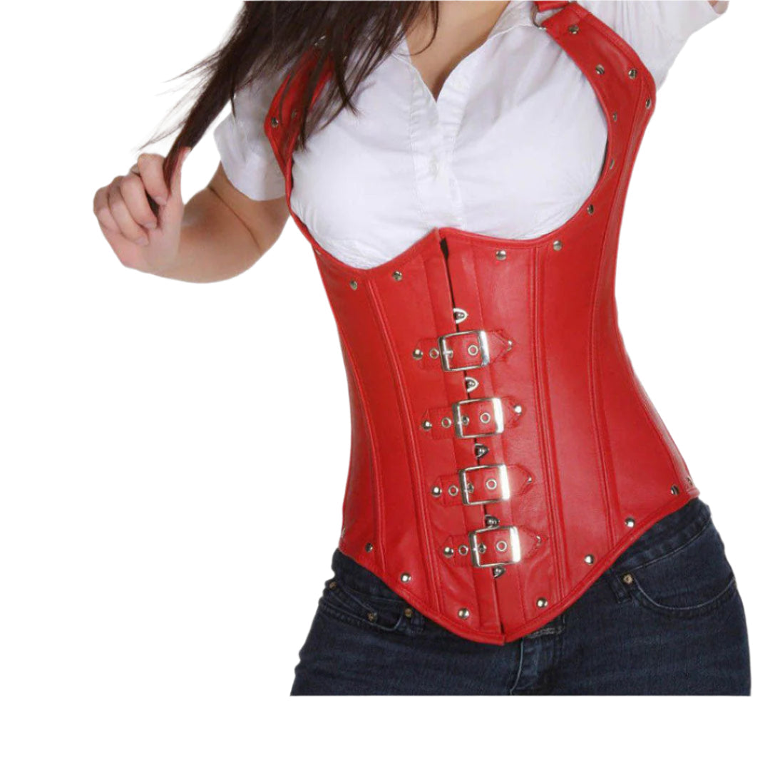 Women's Red Underbust Leather Corset – Waist Trainer with Steel Boning