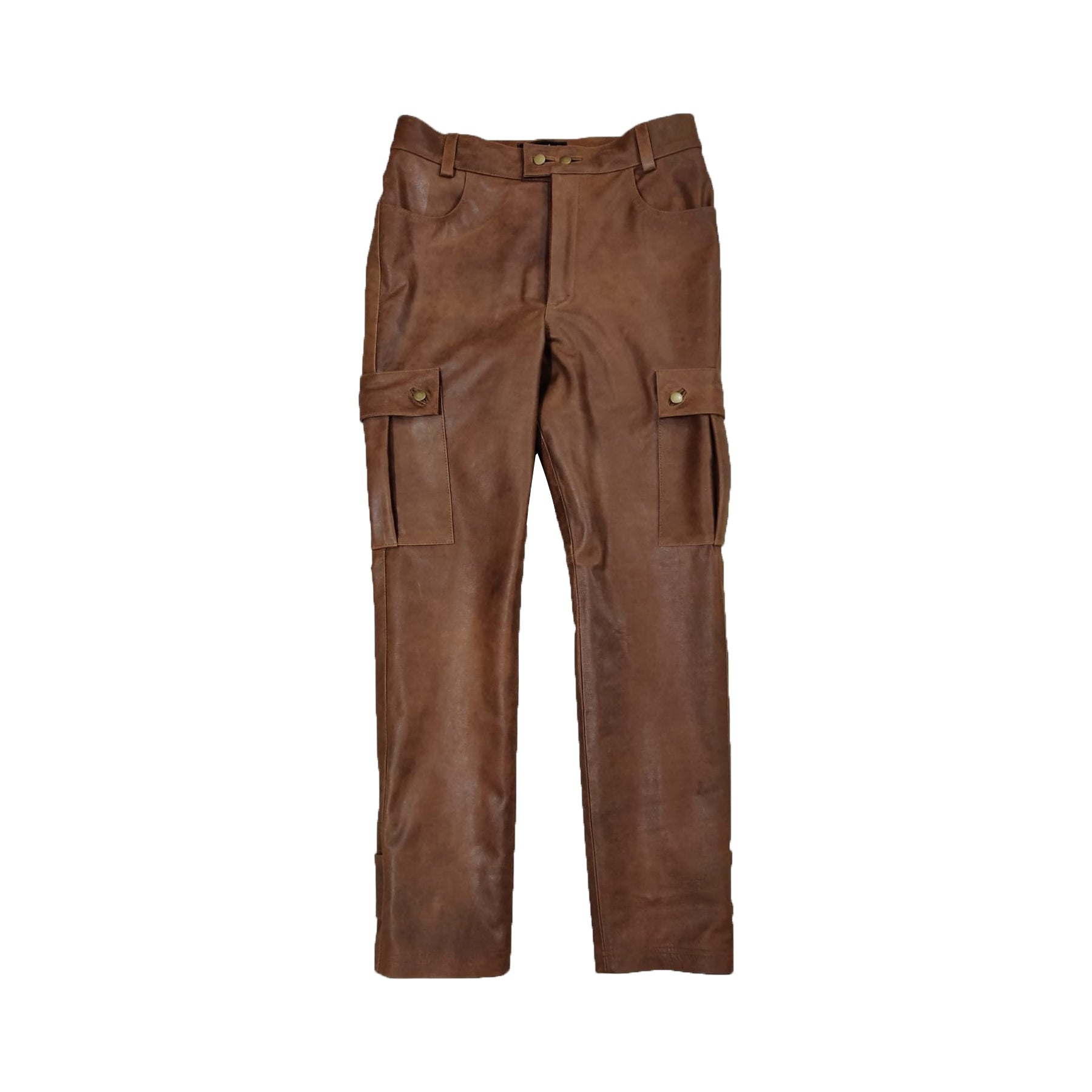Men’s Vintage Cowhide Leather Cargo Biker Pants with Button Fly & Pockets