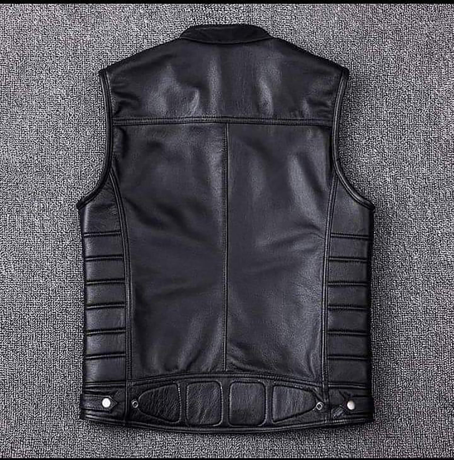 Men’s Black Cowhide Leather Motorcycle Biker Vest with Quilted Panels