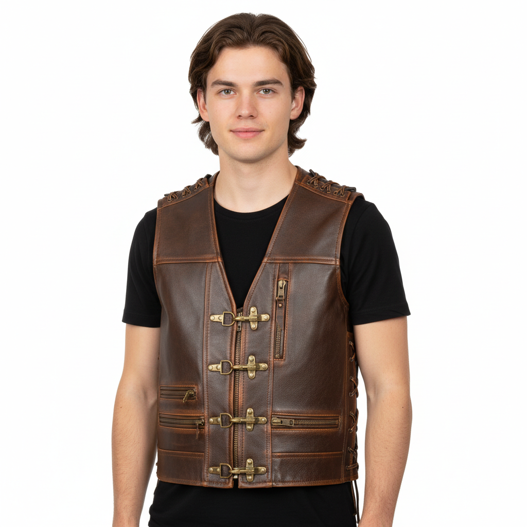 Men’s Vintage Leather Biker Vest – Distressed Cowhide with Buckle Closure