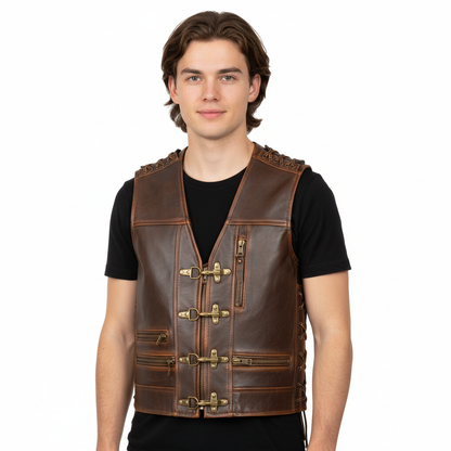 Men’s Vintage Leather Biker Vest – Distressed Cowhide with Buckle Closure