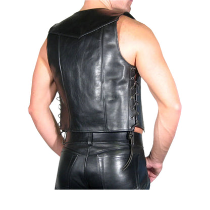 Men’s Cowhide Leather Bartender Vest – Side Lace-Up Fetish Clubwear