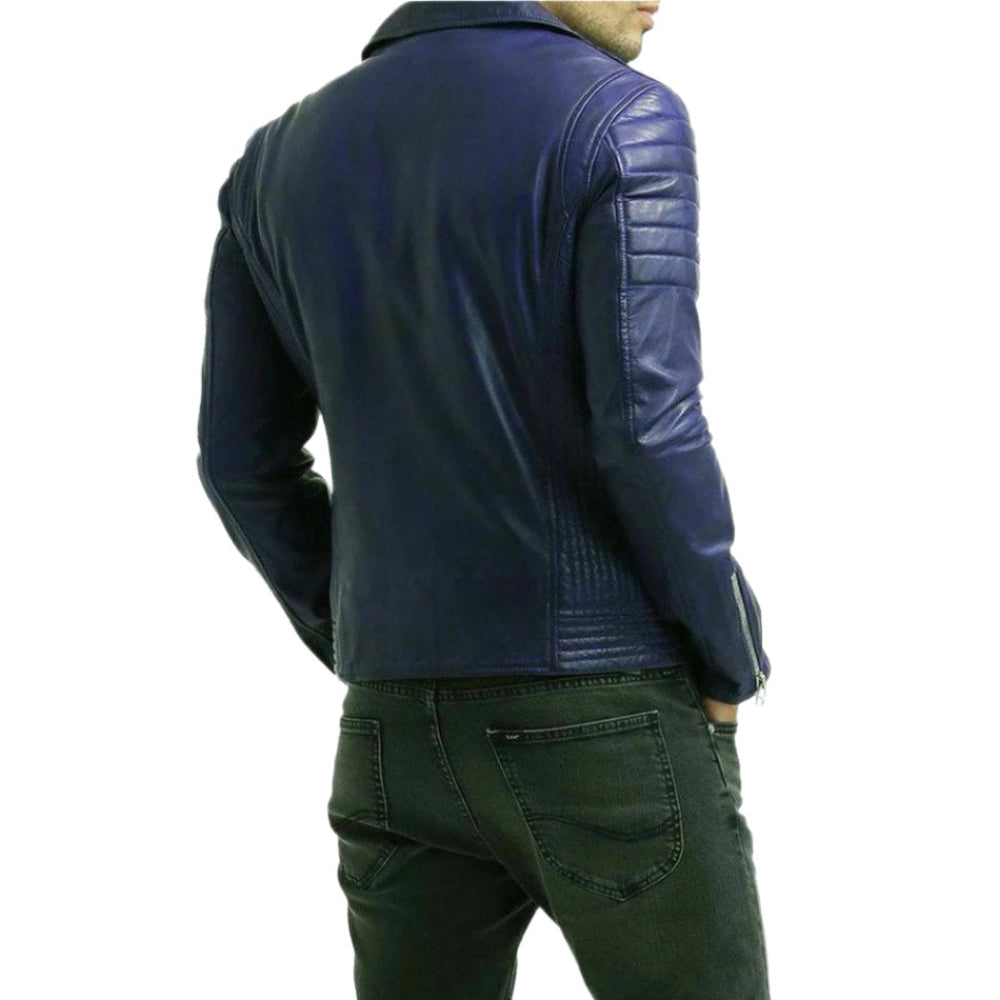 Men’s Natural Grain Cowhide Motor Bikers Leather Quilted Panels Jacket