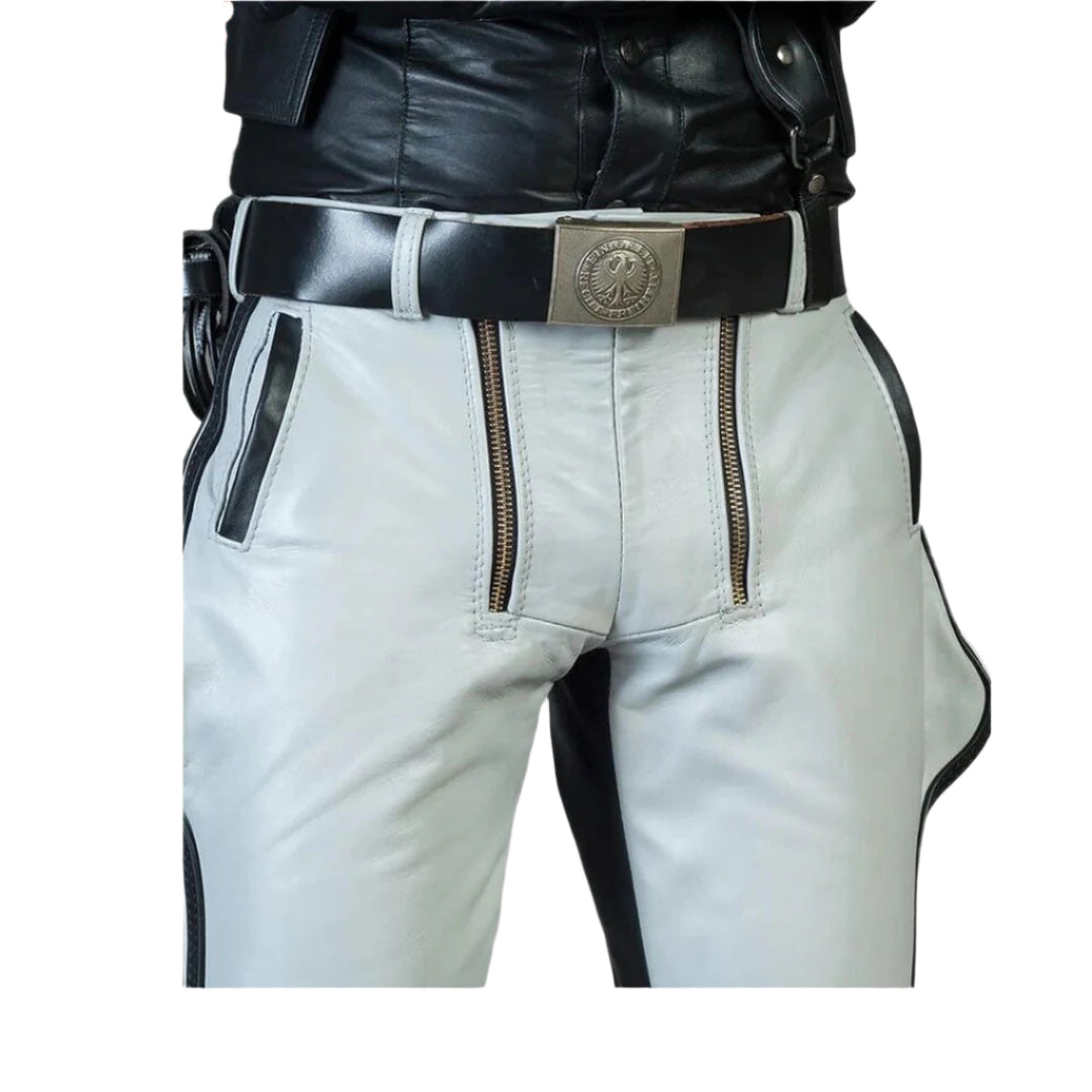 Men’s White Leather Jodhpur Breeches – Black Striped Cowhide Pants