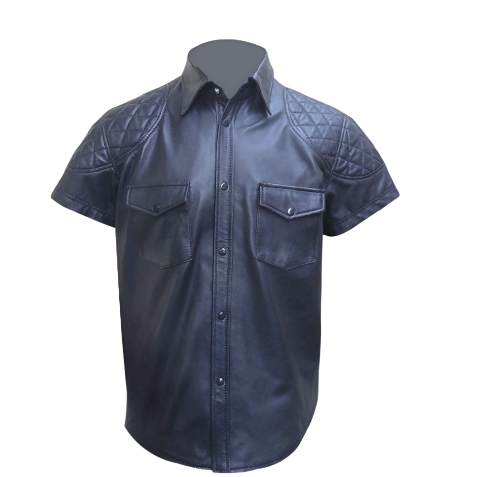 Men's Genuine Leather Police Shirt – Short Sleeve with Quilted Panels