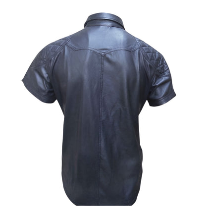 Men's Genuine Leather Police Shirt – Short Sleeve with Quilted Panels