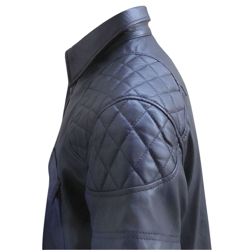 Men's Genuine Leather Police Shirt – Short Sleeve with Quilted Panels