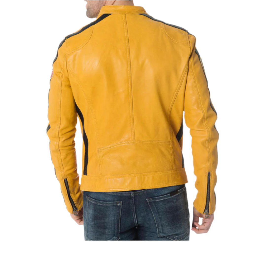 Men’s Yellow Cowhide Leather Biker Jacket – Red & Black Striped Motorcycle Style