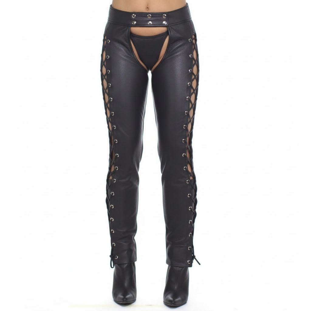 Women’s Black Leather Chaps with Side Laces & Detachable Briefs