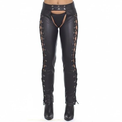 Women’s Black Leather Chaps with Side Laces & Detachable Briefs