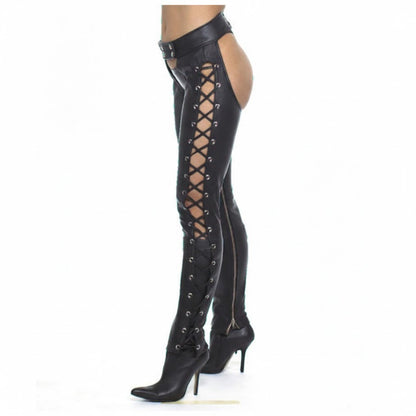Women’s Black Leather Chaps with Side Laces & Detachable Briefs