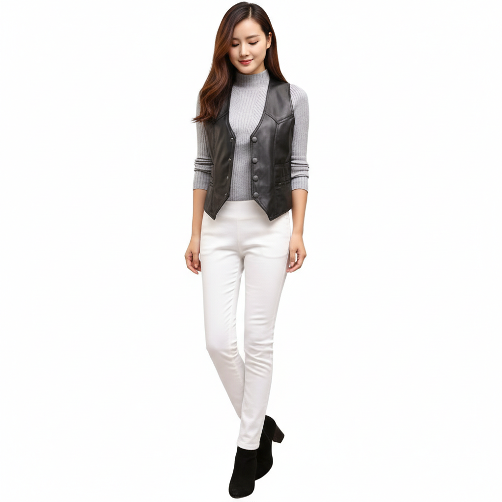 Women's Lambskin Leather Vest – Elegant V-Neck Leisurewear