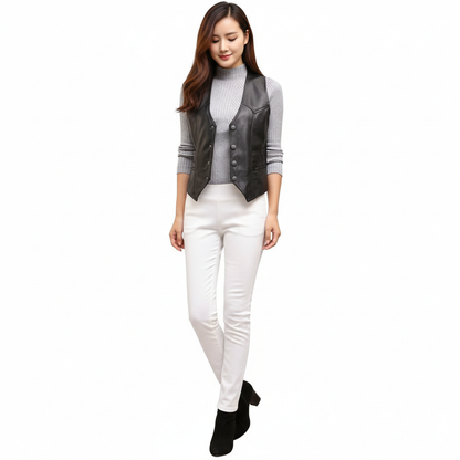 Women's Lambskin Leather Vest – Elegant V-Neck Leisurewear