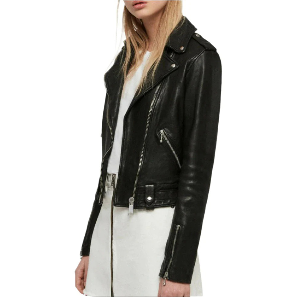 Women's Perfecto Style Lambskin Leather Biker Jacket with Studded Lapels