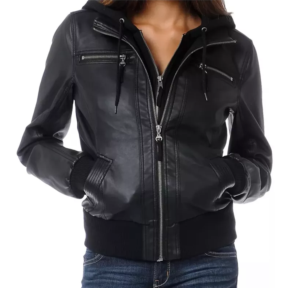 Women's Real Lamb Leather Bomber Slim Fit Lamb Jacket With Removable Hood