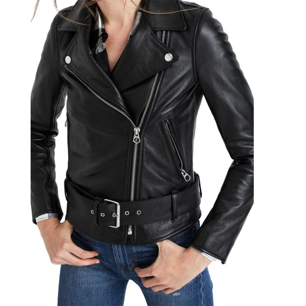 Women’s Lamb Leather Biker Jacket – Quilted Design with Waist Belt & YKK Zippers