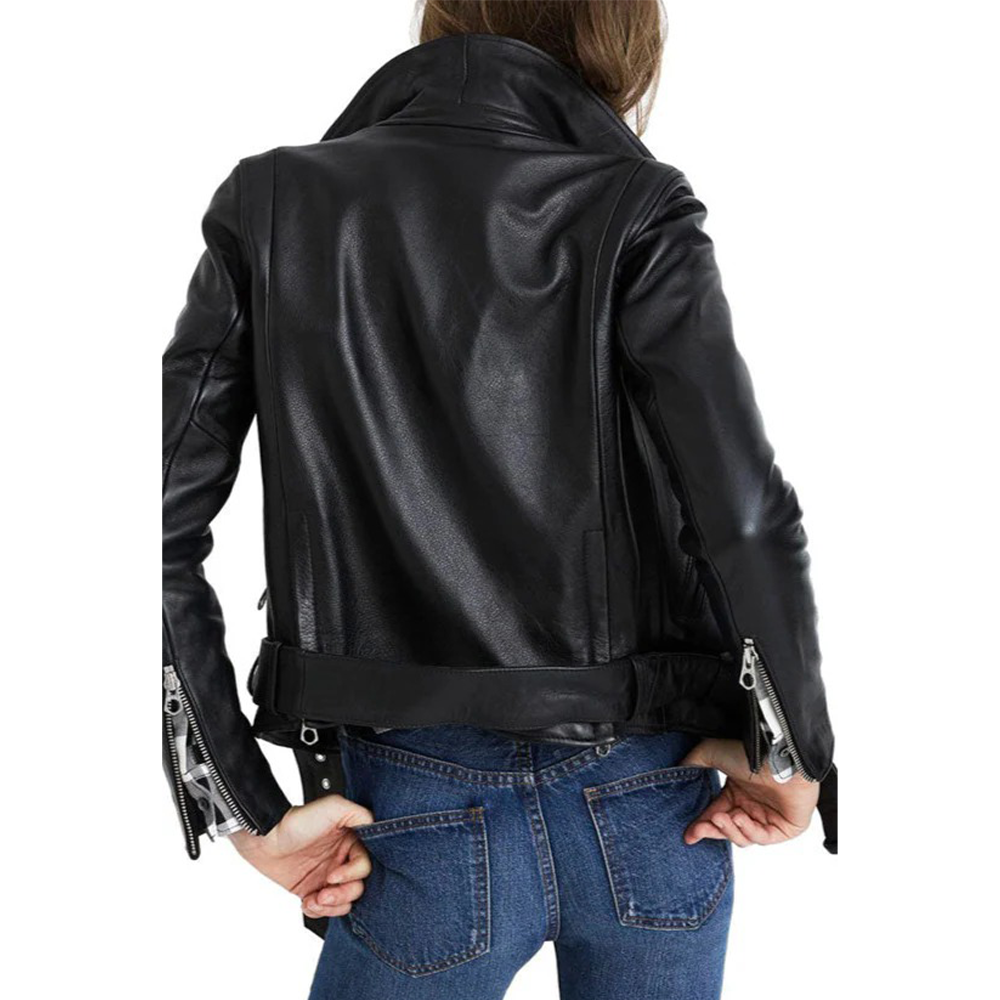 Women’s Lamb Leather Biker Jacket – Quilted Design with Waist Belt & YKK Zippers