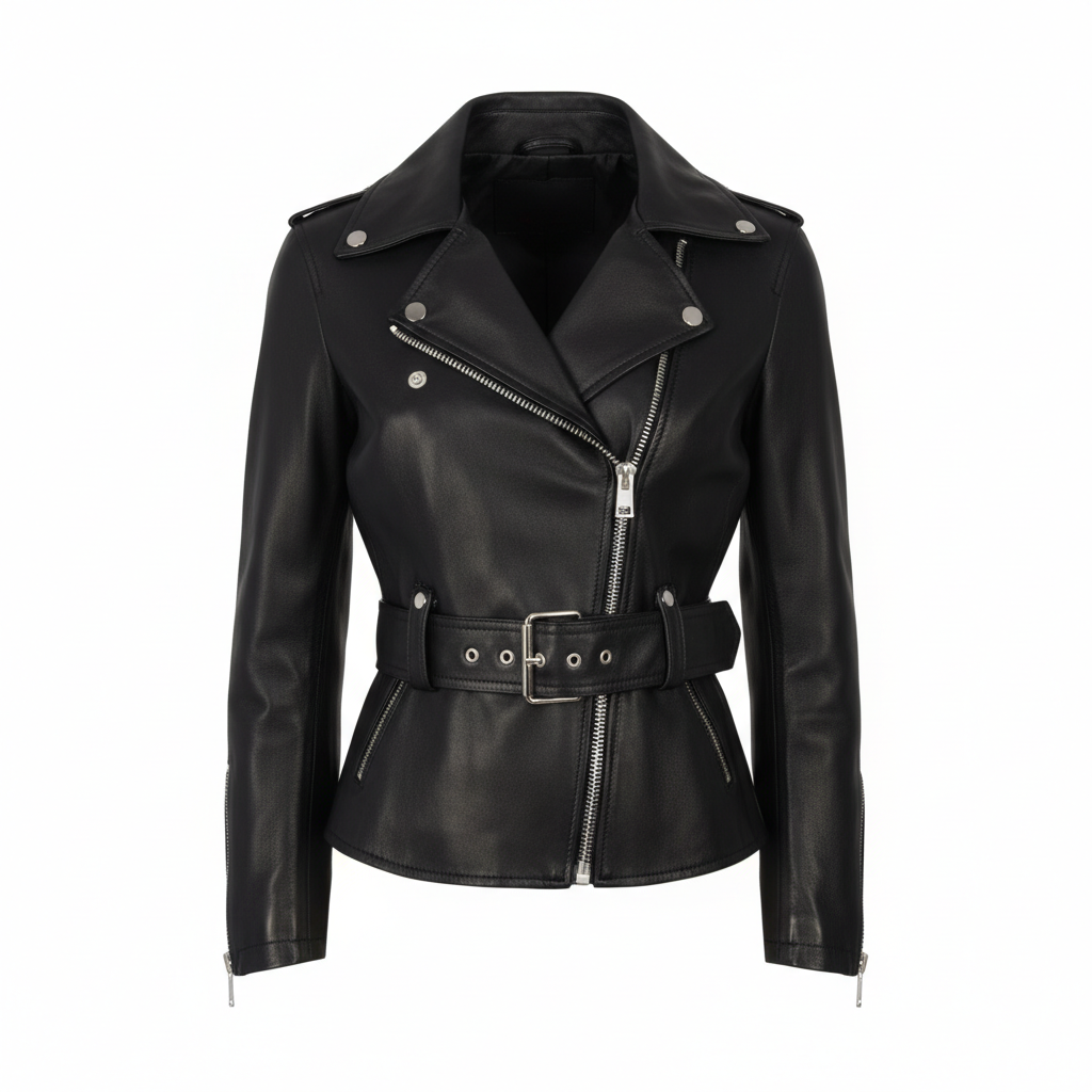 Women’s Lamb Leather Biker Jacket – Waist-Length Belted Nappa Jacket with Studded Lapels