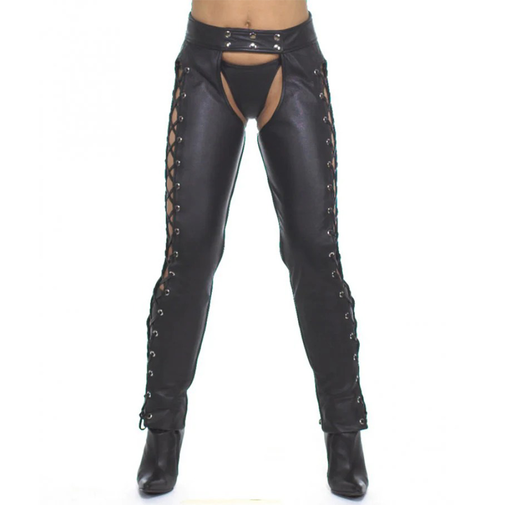 Women’s Black Leather Chaps with Side Laces & Detachable Briefs