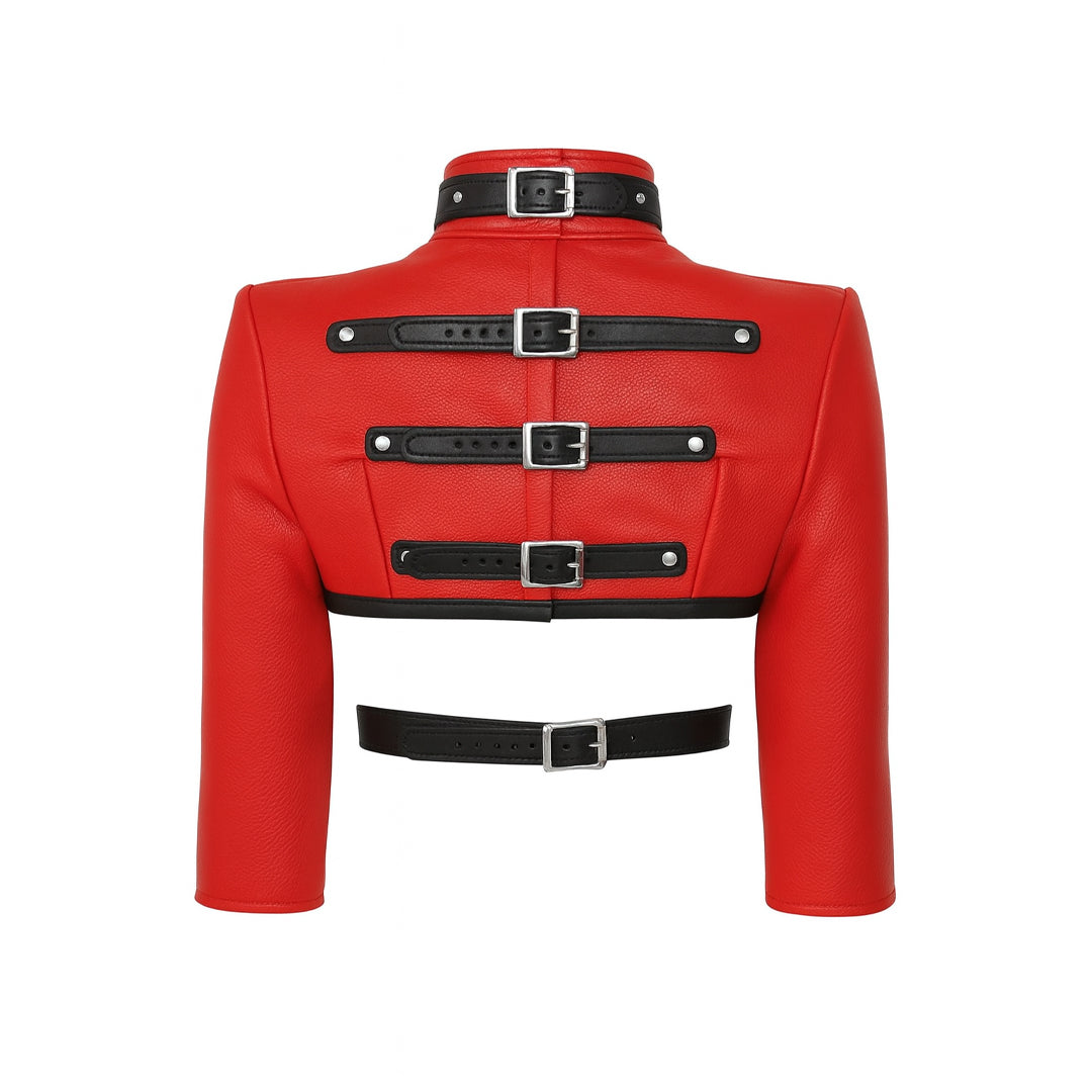 Women’s Red Leather Bolero Straitjacket – Heavy Duty Cowhide Restraint