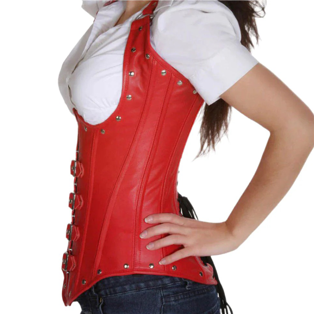 Women's Red Underbust Leather Corset – Waist Trainer with Steel Boning