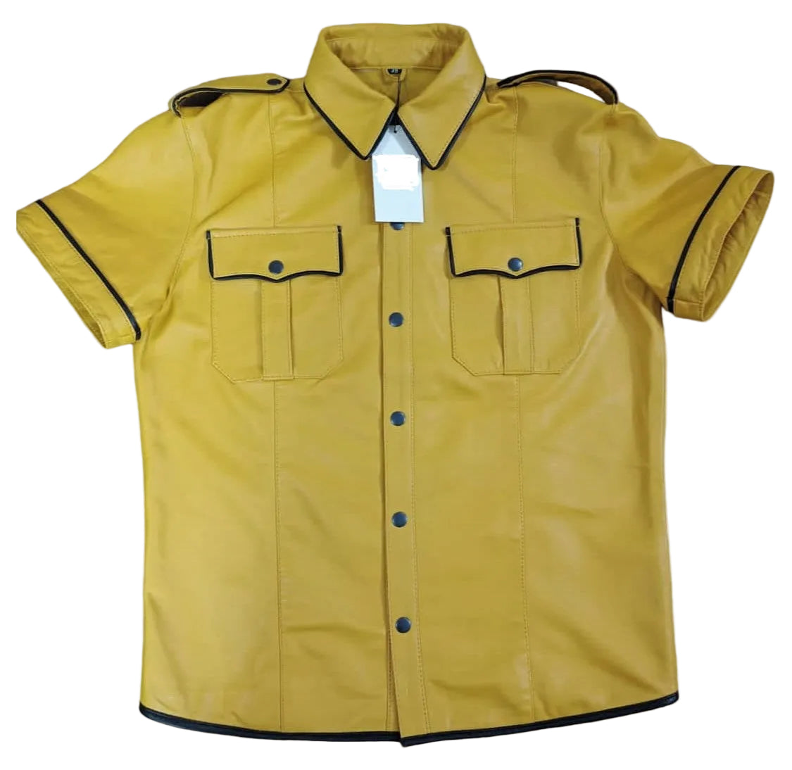 Men's Yellow Leather Police Shirt – Lambskin Uniform with Black Piping