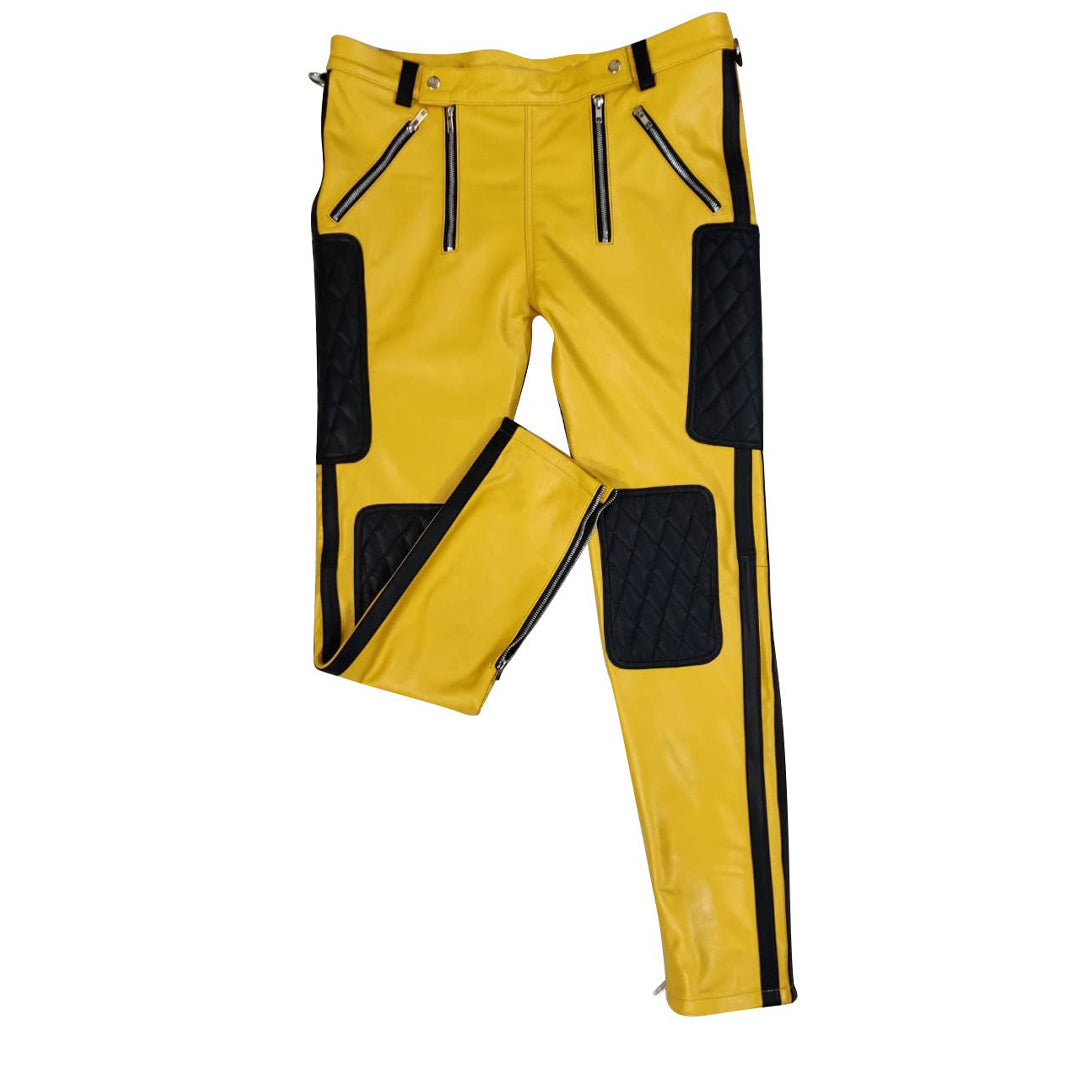 Men’s Quilted Yellow & Black Leather Carpenter Pants – Real Cowhide