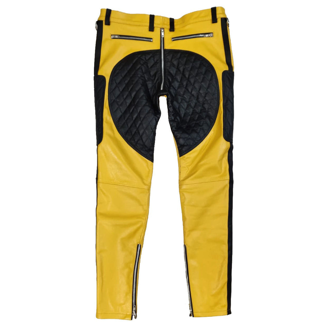 Men’s Quilted Yellow & Black Leather Carpenter Pants – Real Cowhide