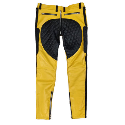 Men’s Quilted Yellow & Black Leather Carpenter Pants – Real Cowhide