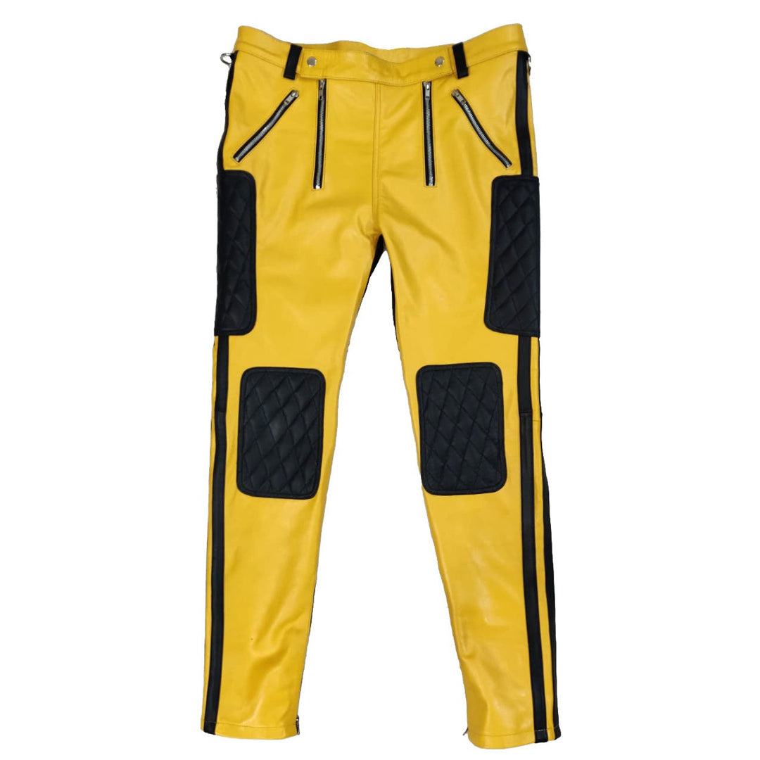 Men’s Quilted Yellow & Black Leather Carpenter Pants – Real Cowhide