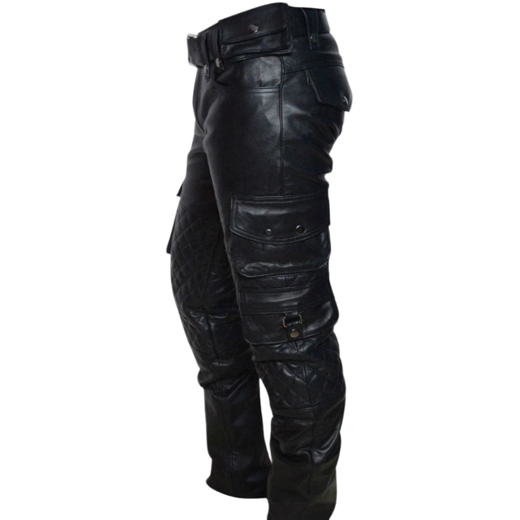 Men’s Cowhide Biker Pants – Quilted Cargo Leather Trousers