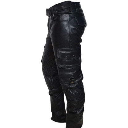 Men’s Cowhide Biker Pants – Quilted Cargo Leather Trousers