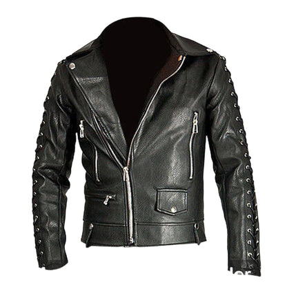 Men's Cowhide Leather Biker Jacket with Laced Sleeves