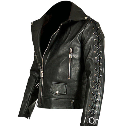 Men's Cowhide Leather Biker Jacket with Laced Sleeves