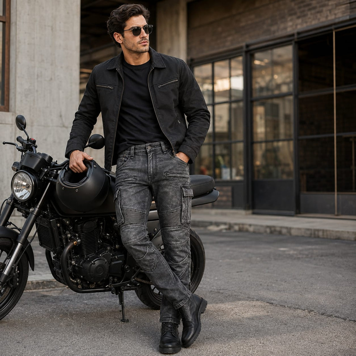 "Male rider in grey distressed leather motorcycle cargo pants sitting on a vintage cafe racer at sunset"