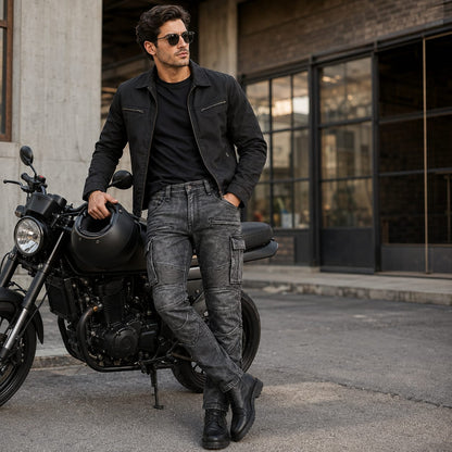 "Male rider in grey distressed leather motorcycle cargo pants sitting on a vintage cafe racer at sunset"