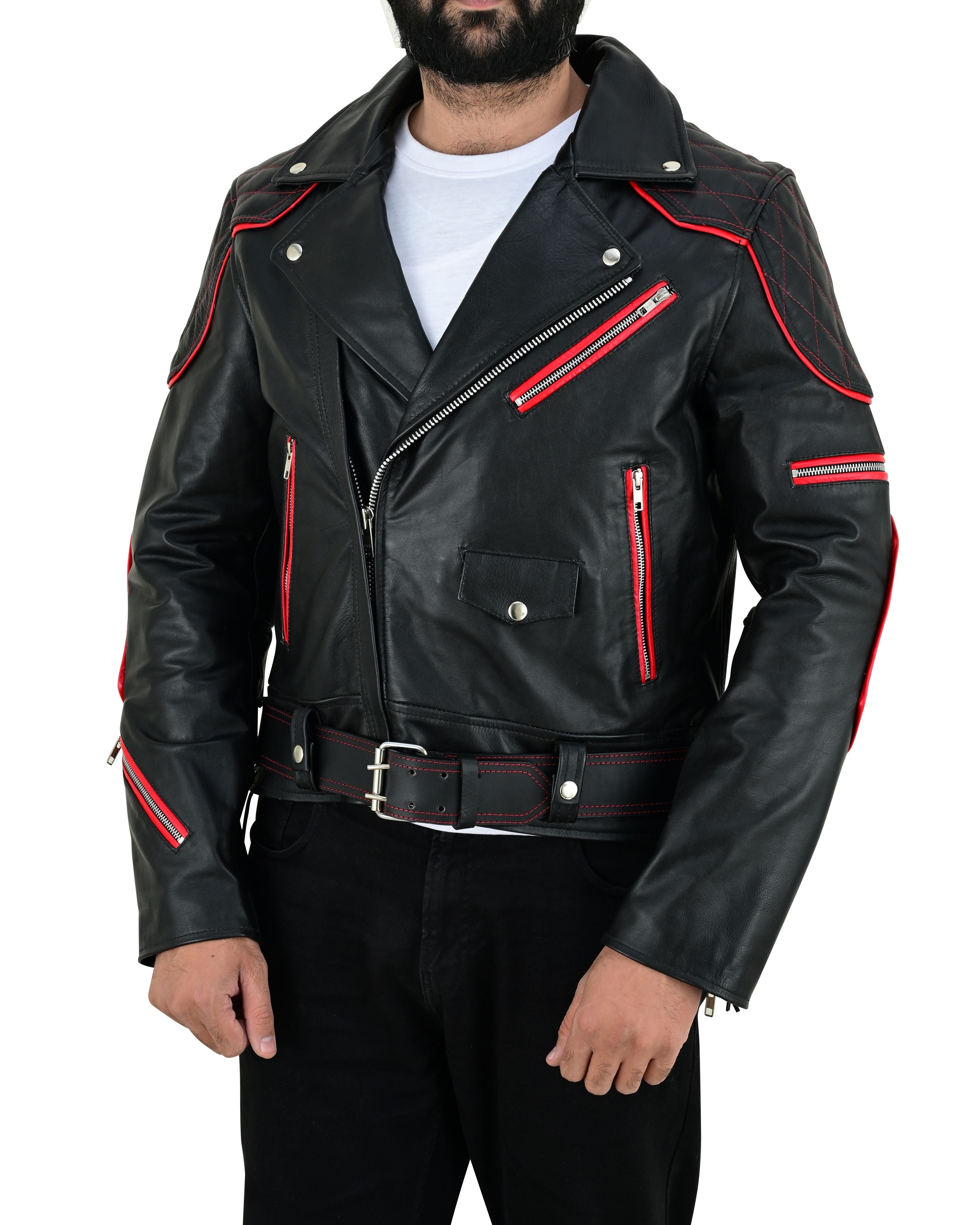 Men’s Brando Cowhide Leather Biker Jacket with Quilted Panels & Red Accents
