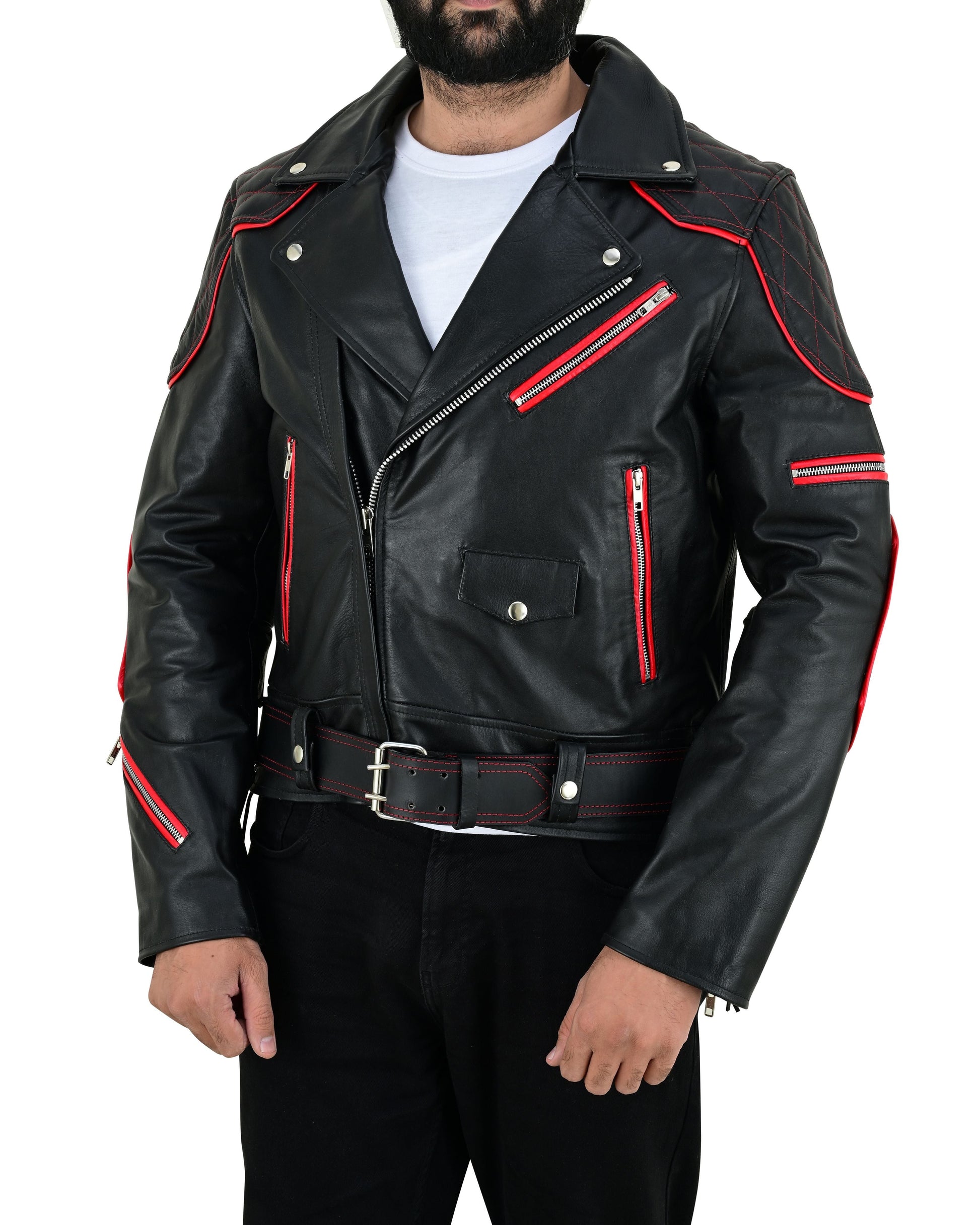 Men’s Brando Cowhide Leather Biker Jacket with Quilted Panels & Red Accents