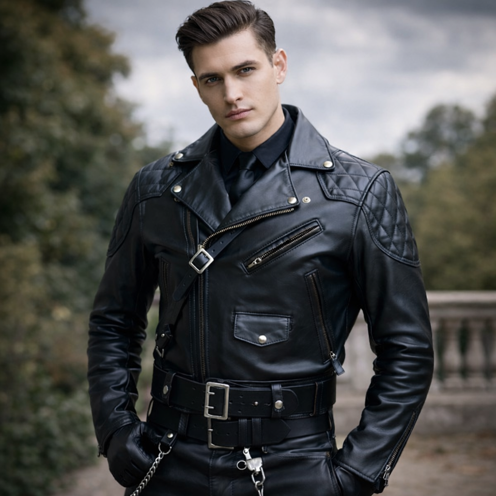 Men’s Brando Leather Biker Jacket with Quilted Panels & Side Laces