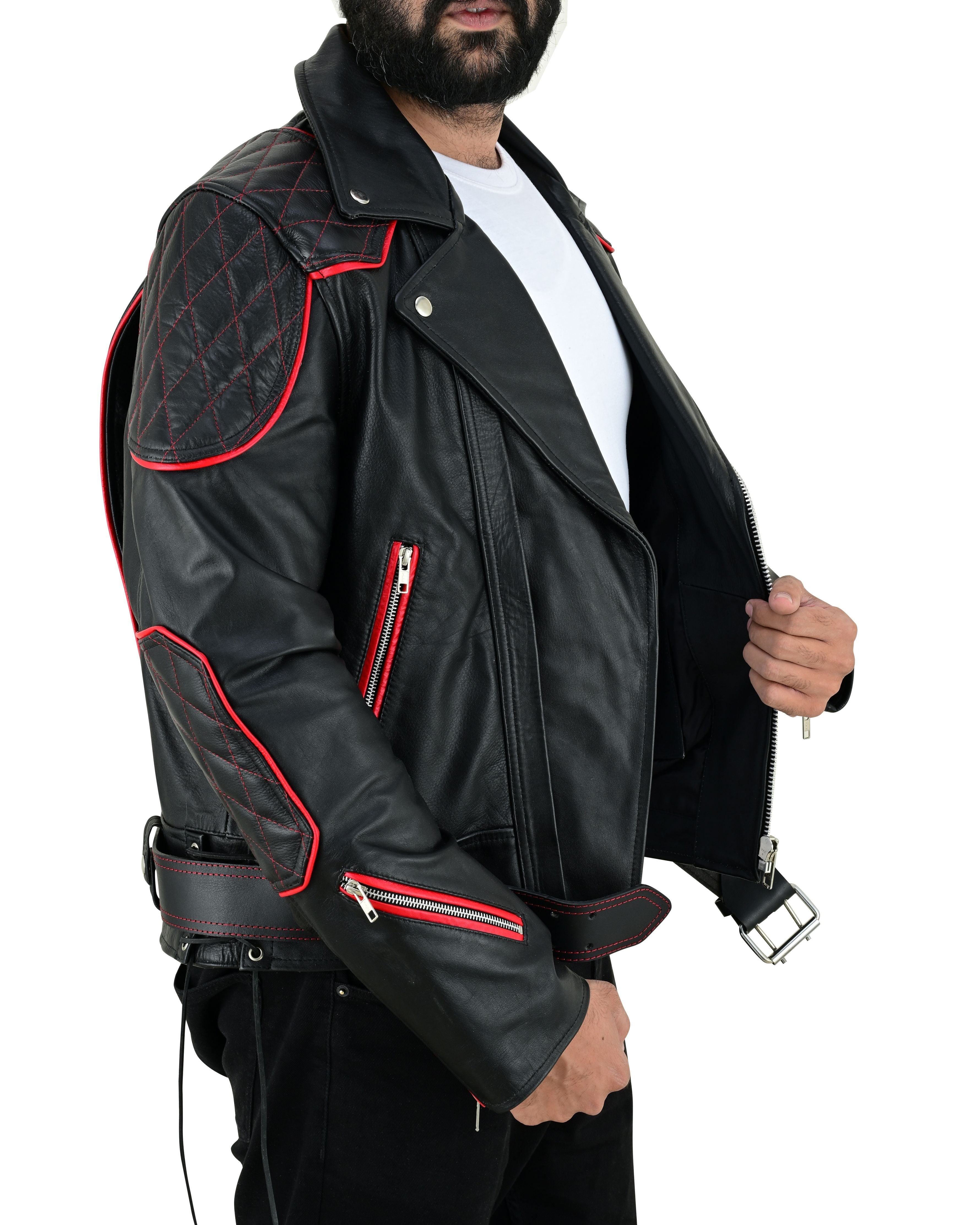 Men’s Brando Cowhide Leather Biker Jacket with Quilted Panels & Red Accents