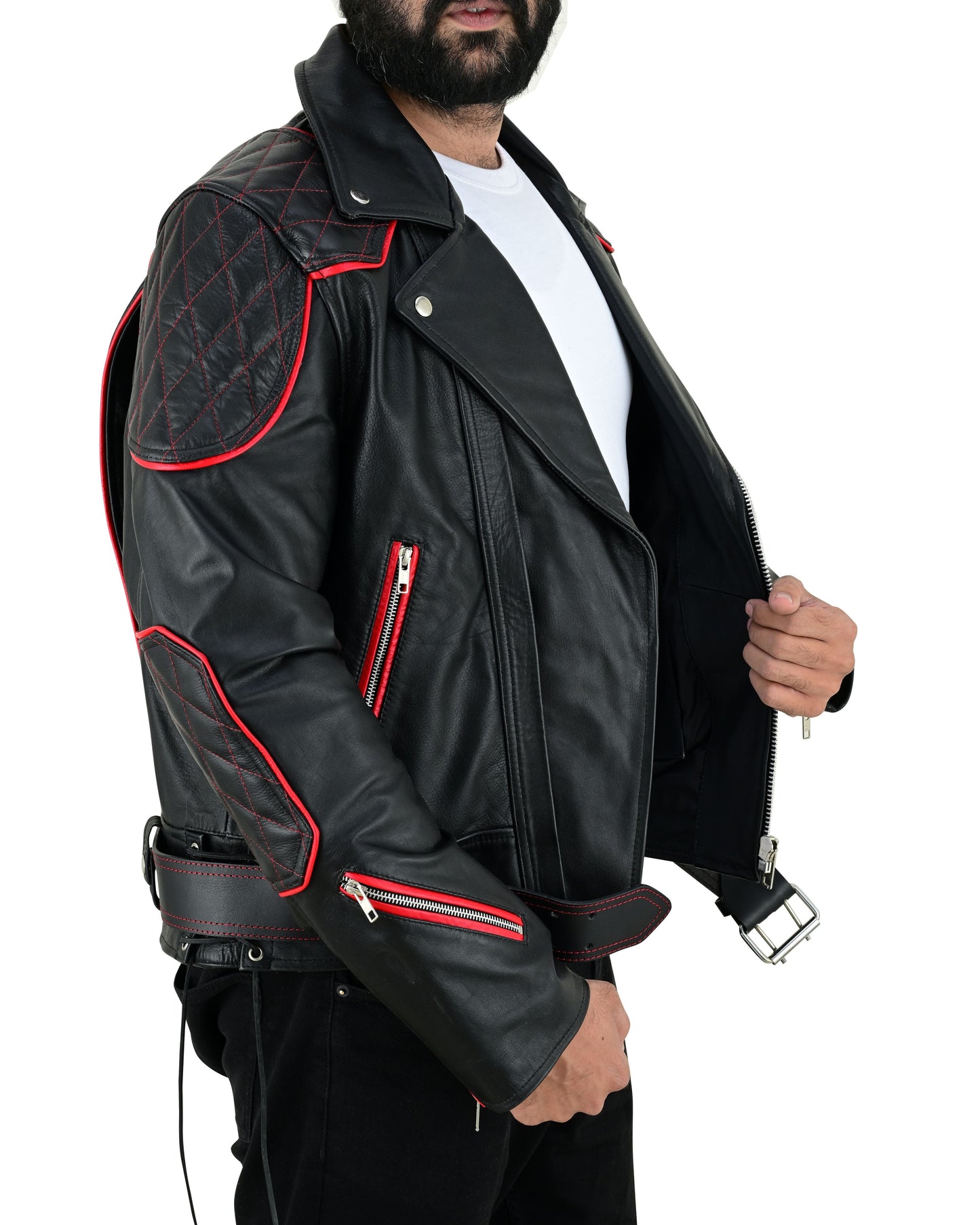 Men’s Brando Cowhide Leather Biker Jacket with Quilted Panels & Red Accents