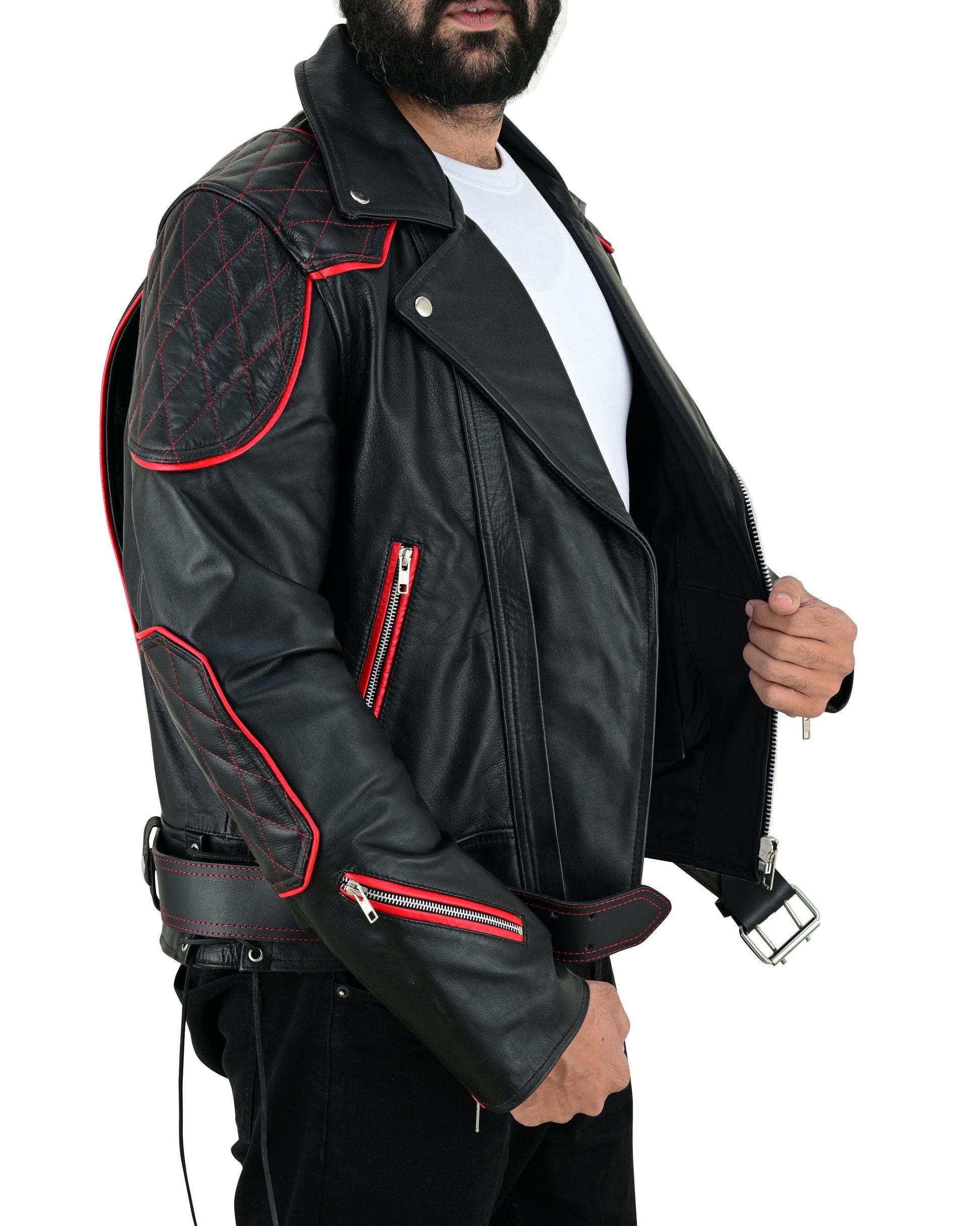 Men’s Brando Cowhide Leather Biker Jacket with Quilted Panels & Red Accents